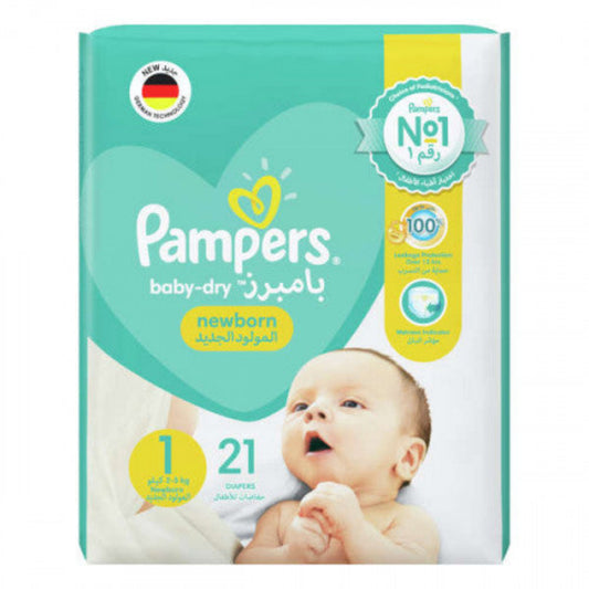 Pampers Baby-Dry Newborn Taped Diapers with Aloe Vera Lotion Size 1, 2-5kg, Carry Pack, 21 Count.