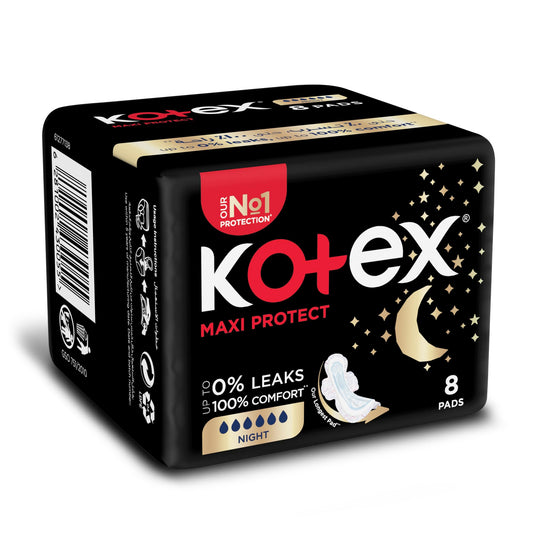 Kotex Maxi Protect Thick Pads, Overnight Protection Sanitary Pads with Wings, 8 Sanitary Pads