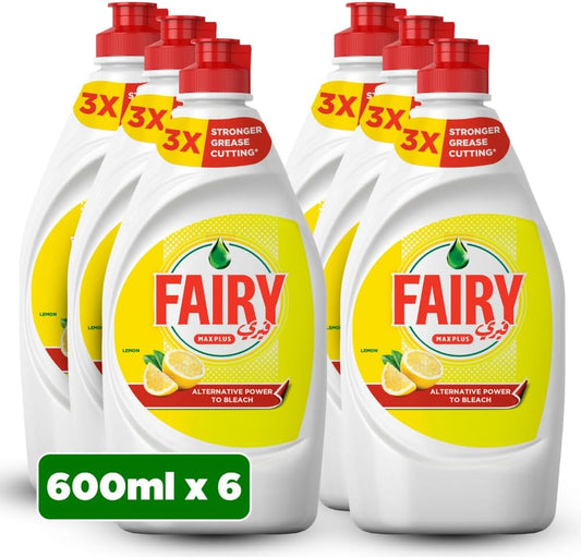 Fairy Max Plus Lemon Dishwashing Liquid with Bleach Alternative Power, 6x600ml