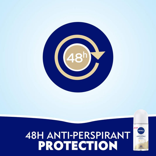 NIVEA Antiperspirant Roll-on for Women, Clean Protect Pure Alum, 50ml