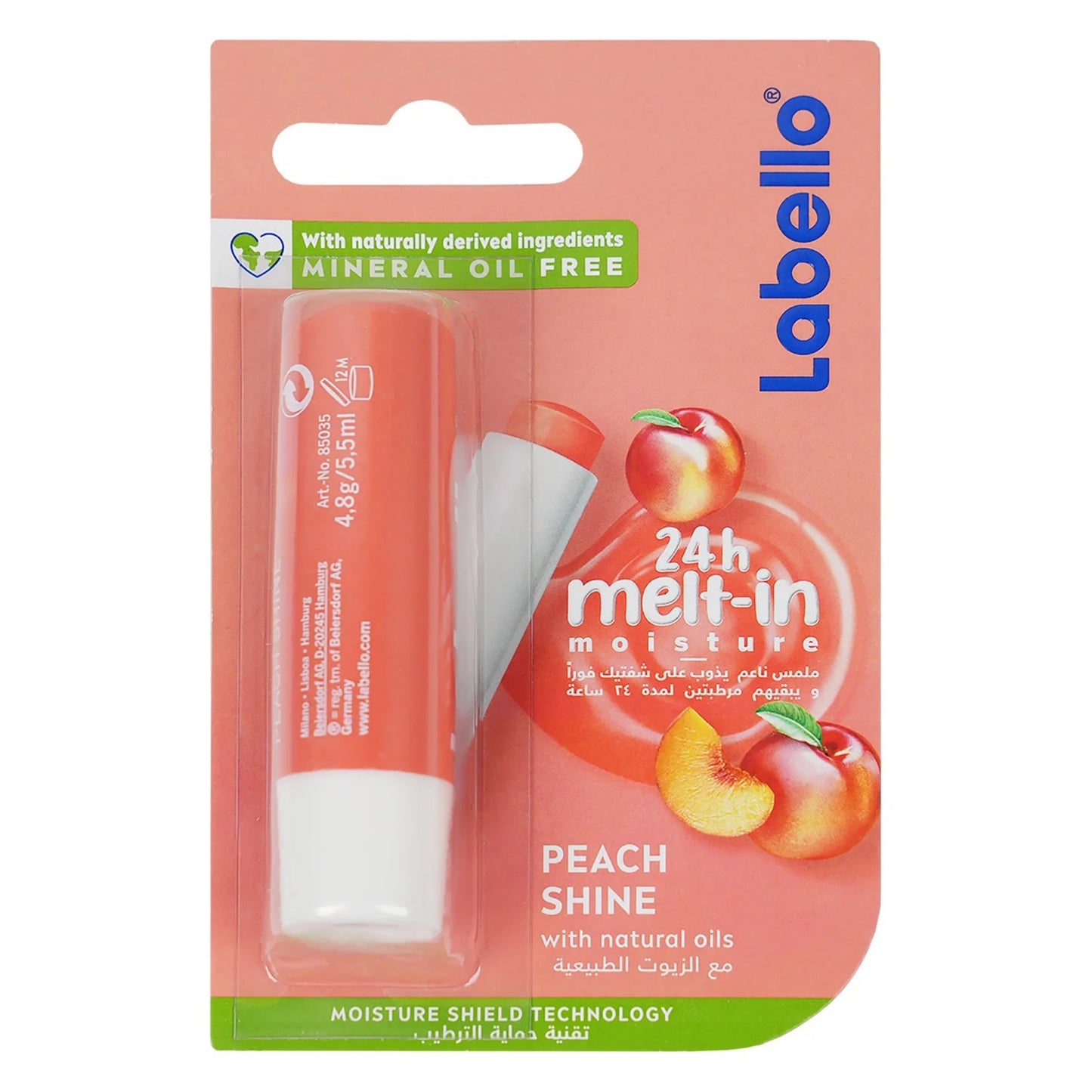 Labello Peach Shine Lip Balm, 24H Melt-In Moisture, with Shea Butter and Natural Oils Enriched with Vitamins, with Natural Ingredients, Mineral Oil Free, Vegan, 4.8g