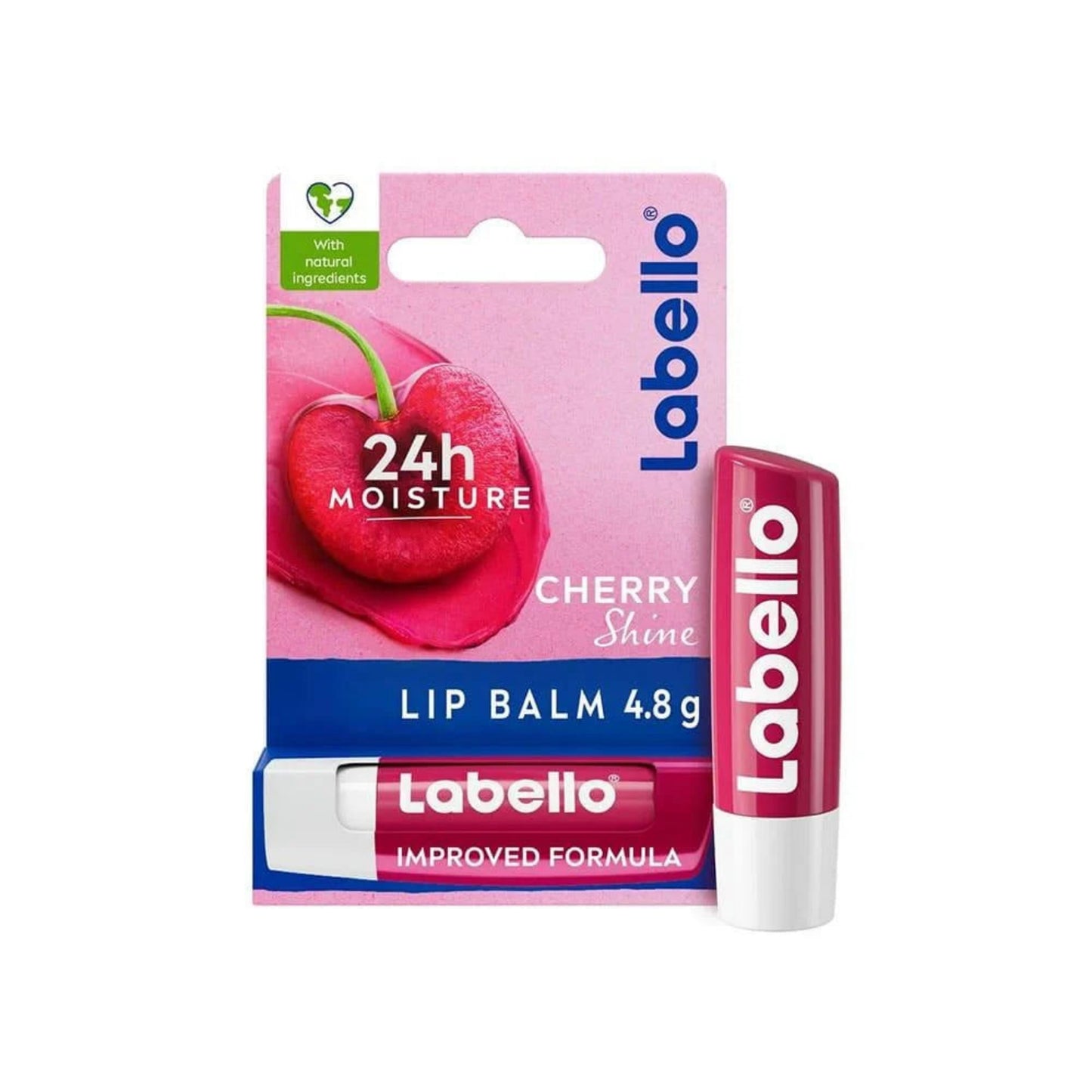 Labello Cherry Shine Lip Balm, 24H Melt-In Moisture, with Shea Butter and Natural Oils Enriched with Vitamins, with Natural Ingredients, Mineral Oil Free, Vegan, 4.8g