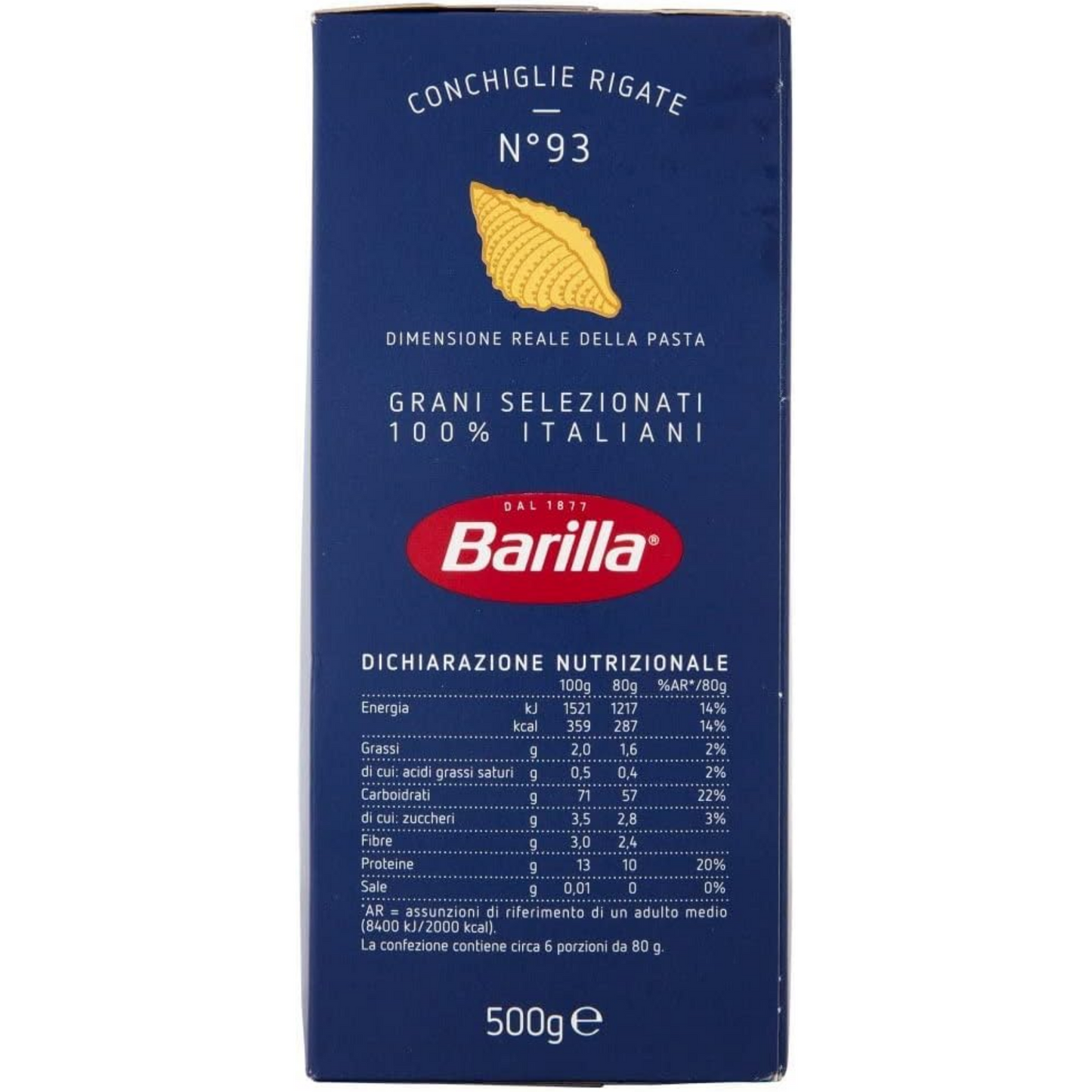 Barilla Conchiglie Rigate Italian Pasta 500g.