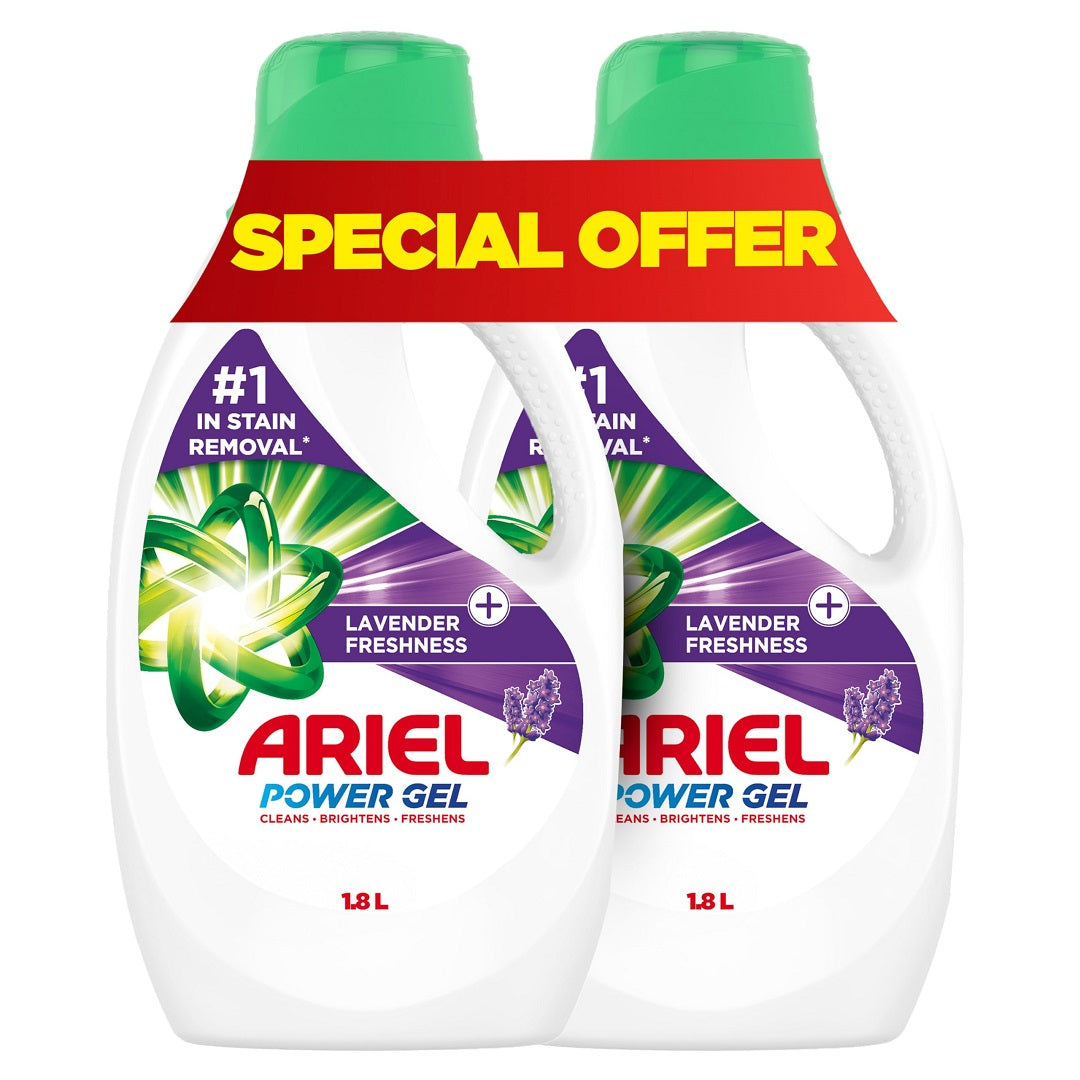 Ariel Lavender Laundry Detergent Liquid Gel, Dual Pack (2x1.8L)