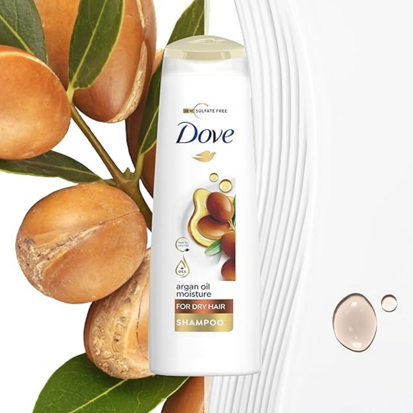 DOVE Shampoo hydrates dry hair, leaving it soft and frizz-free for up to 72 hours, Argan Oil Moisture, no dyes, parabens or sulfates, 400 ML