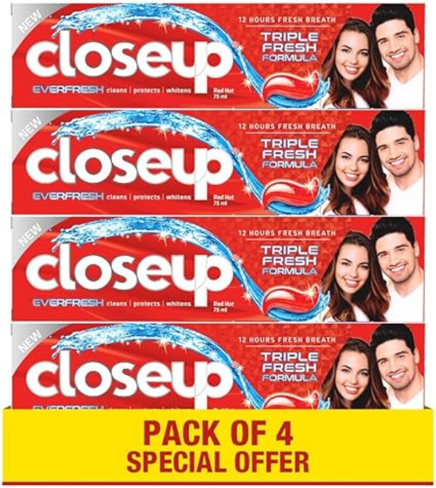 CLOSE UP Triple Fresh Gel Toothpaste, for 12 hours fresh breath, Red Hot Flavor 4x75ml